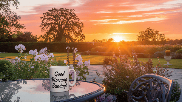 105 Inspirational Sunday Morning Quotes for a Positive and Less Stressful Day A sunrise in the distance seen from a garden. There is a mug with the writing Good Morning Sunday on it standing on a patio table.